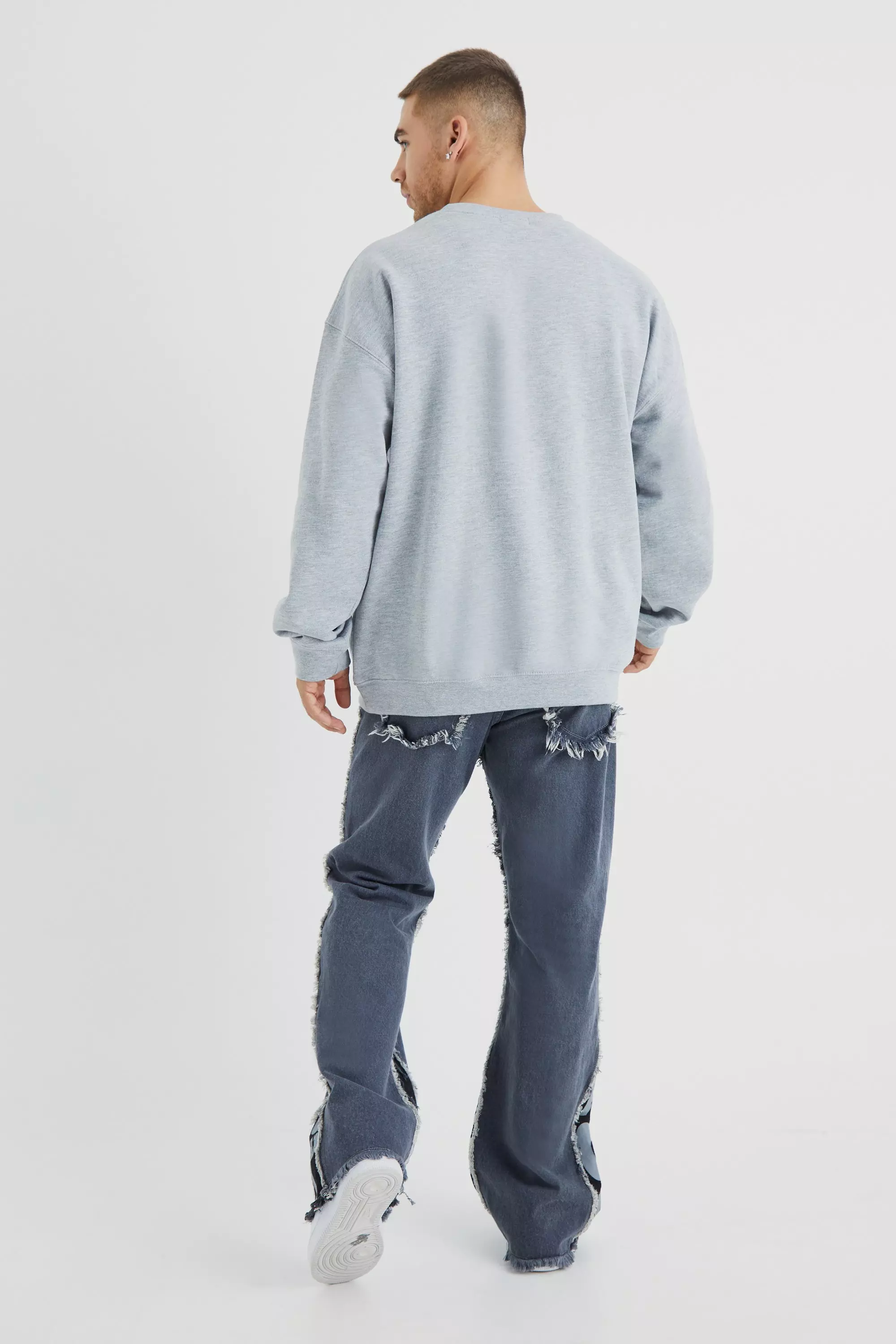 【 JEANS】 ★ Relax Big Flag Sweatshirt ★ Relax Fit Relaxed Rigid Flare Offcl Panel Jeans | boohooMAN USA